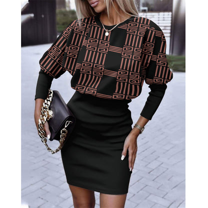 Printed Round Neck Long Sleeve Sexy Dress Wholesale Dresses