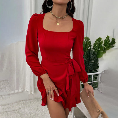 Square Neck Puff Sleeve Long Sleeve Slim Dress Wholesale Dresses