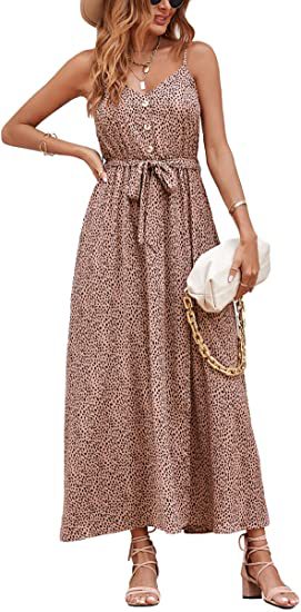 Printed Lace-Up V-Neck High Slit Holiday Sundresses Flowy Sleeveless Dress Wholesale Maxi Dresses SD531077