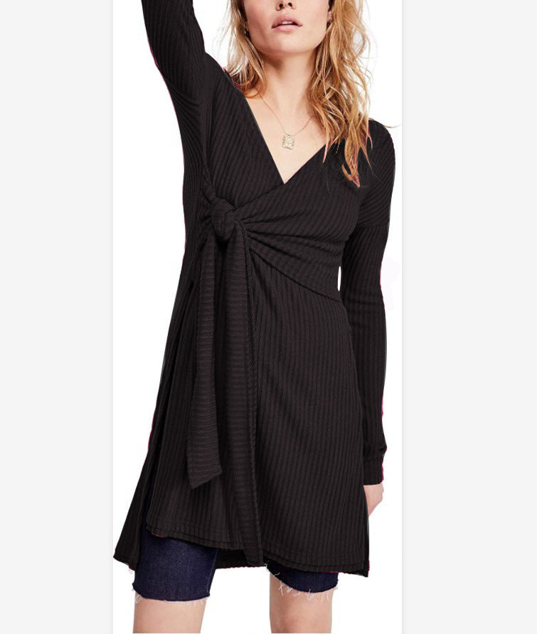 Solid Color Long Sleeve V Neck Tieback Design Slit T Shirt Dress Wholesale Casual Dresses