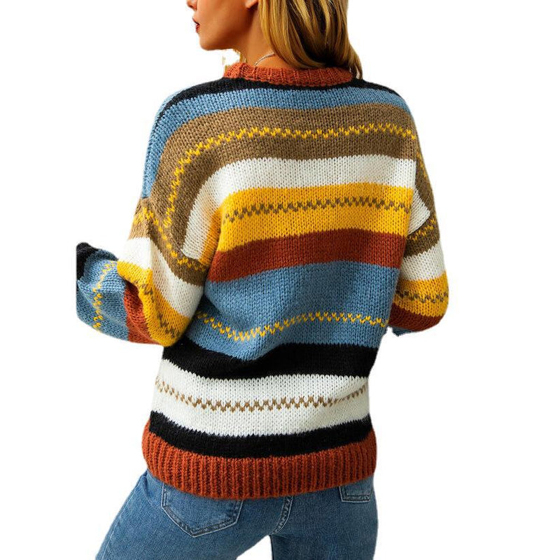 Color Striped Stitching Crew Neck Sweater