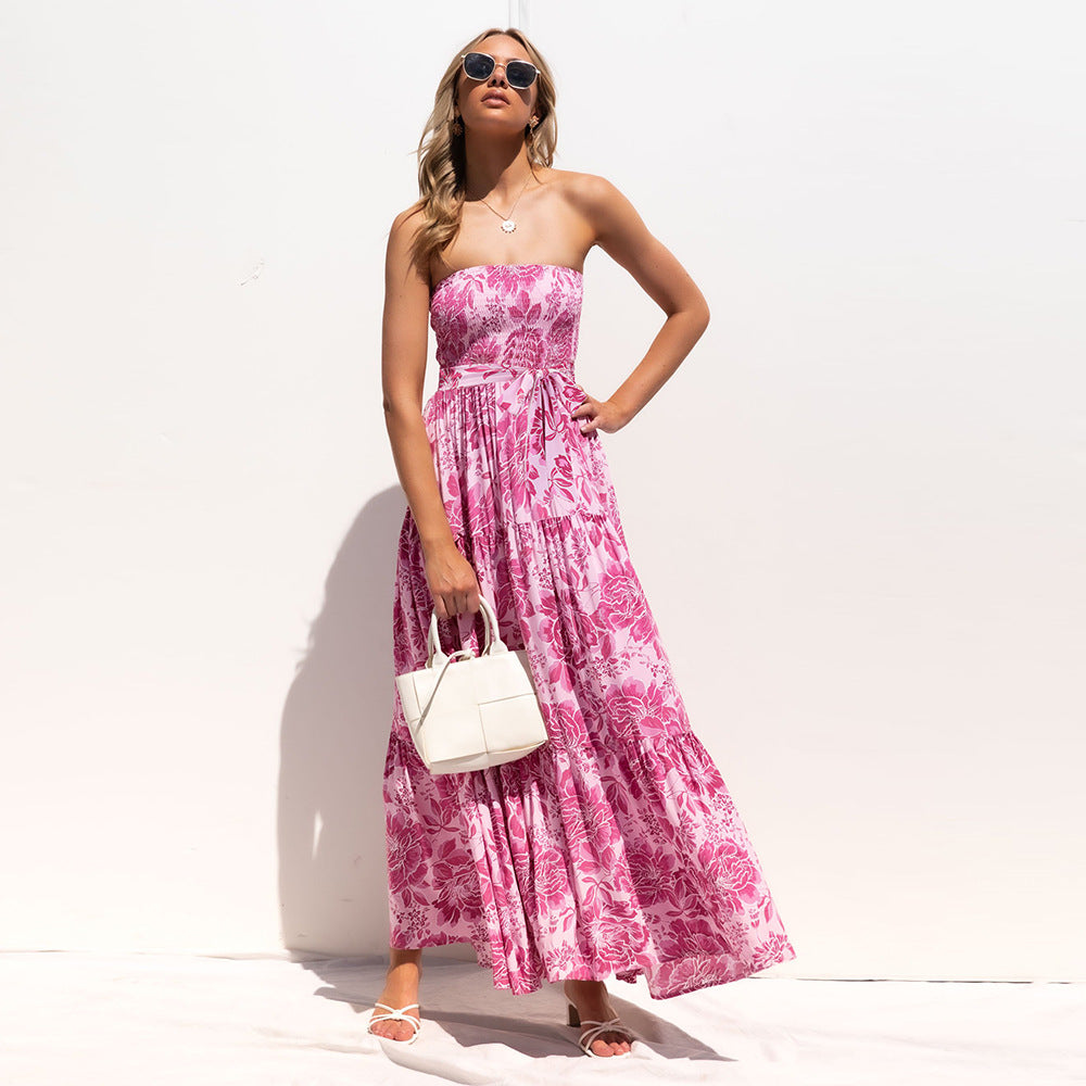 Floral Print Off Shoulder Tie Waist Wholesale Maxi Dresses Summer