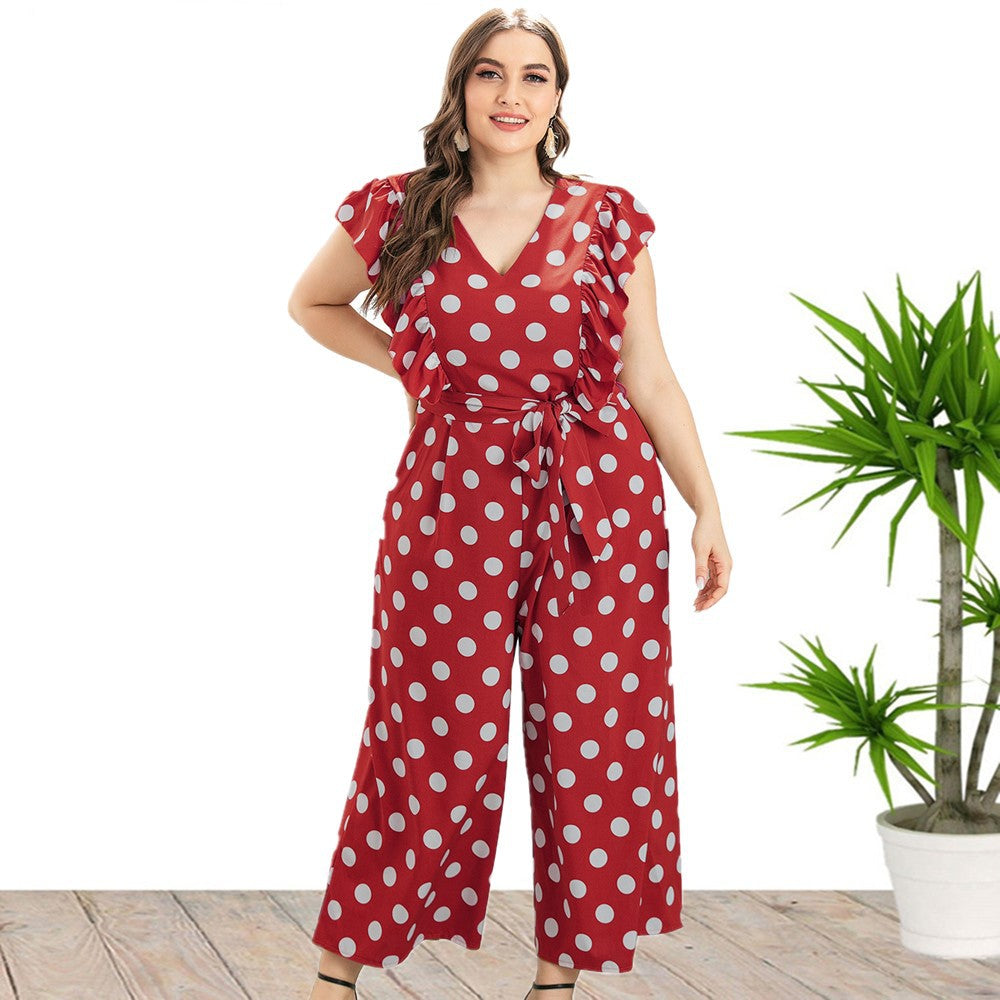 Retro Polka Dot Print Lace Up Curve Jumpsuits Wide-Leg Ruffles V Neck Wholesale Plus Size Clothing Casual