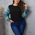 Wholesale Plus Size Women Clothing Commuter Printed Long-Sleeved Stitching Round Neck Pullover Slim Top