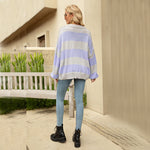 Fashion Striped Knitted Tops V Neck Loose Lantern Sleeve Casual Women Wholesale Sweaters