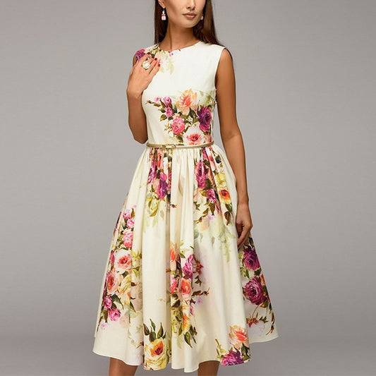 Sleeveless O Neck Floral Print Wholesale Swing Dresses For Women