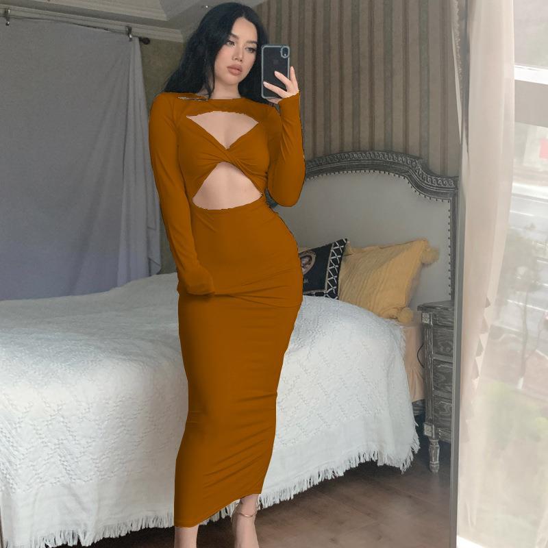 Sexy Cutout Long-Sleeved Solid Color Midi Dress Wholesale Dresses