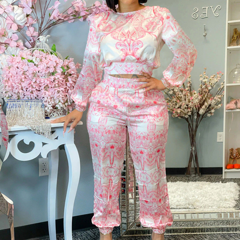 Printed Long Sleeve Cropped Tops & Trousers Wholesale Women'S 2 Piece