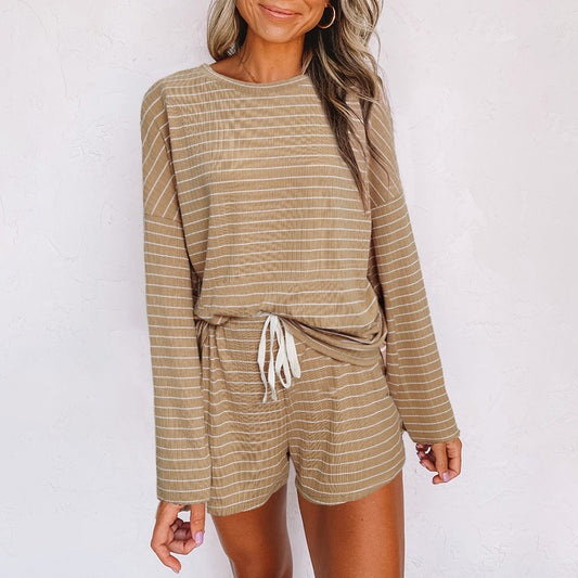 Striped Long Sleeve Top Drasrting Shorts Wholesale Pajama Sets