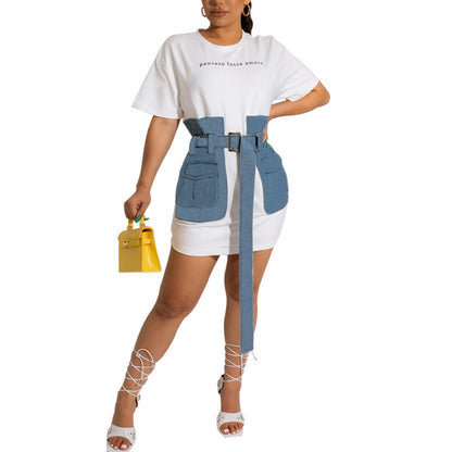 Fashion Short Sleeve Letter Print Denim T Shirt Dress Wholesale Casual Dresses