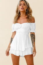 Off Shoulder Solid Color Puff Sleeve Sexy Ruffles Tie-Up Tube Top Womens Short Jumpsuits Wholesale Rompers