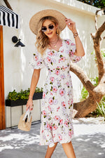 Floral Printed Short Sleeve Ruffle V Neck Wholesale Dresses Elastic Waist Vacation Dress Casual