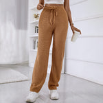 Homewear Casual High Waist Solid Color Drawstring Elastic Wool Trousers Wholesale Women Bottoms