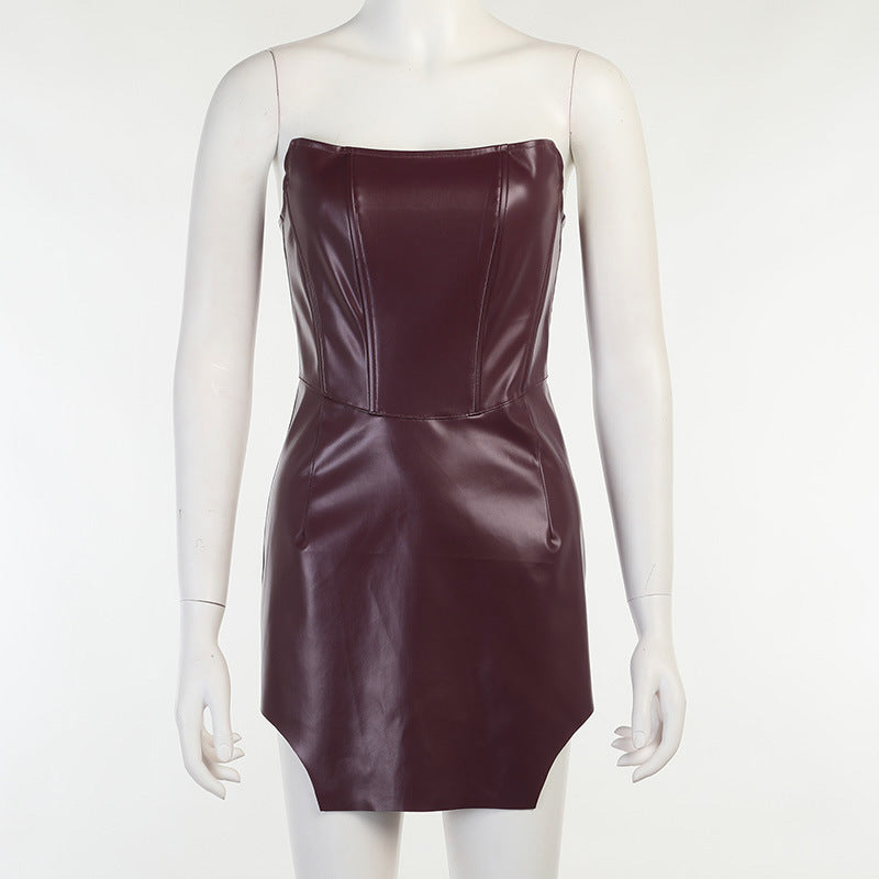 Solid PU Leather Off-Shoulder Asymmetrical Mini Dress