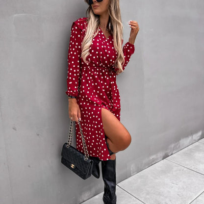 Polka Dot Print Lace-Up Long Sleeve Dress Wholesale Dresses