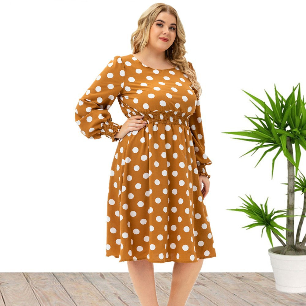 Xmas Plus Size Wholesale Long-Sleeved Polka-Dot Midi Dress