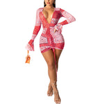 Deep V Printed Flared Long Sleeve Drawstring Pleated Bodycon Dress Sexy Women Clubwear Wholesale Dresses