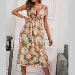 Sleeveless Deep V Neck Hollow Out Wholesale Floral Dresses Summer