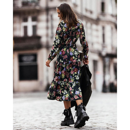 Long-Sleeve Waist Swing Floral Dress Wholesale Dresses