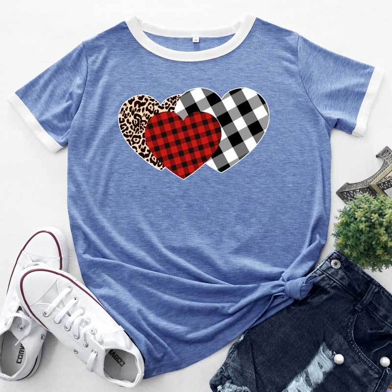 Checkered Heart Print Round Neck Short Sleeve Tops Casual Wholesale Women'S T Shirts