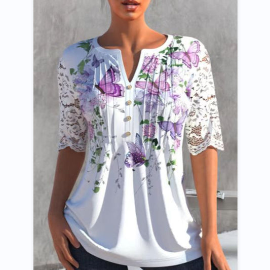 Lace Stitching Printed V-Neck Short-Sleeve T-Shirt Wholesale Womens Tops