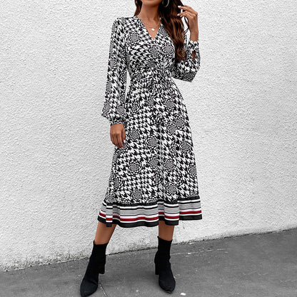 V Neck Long Sleeve Printed Swing Midi Dress Wholesale Dresses