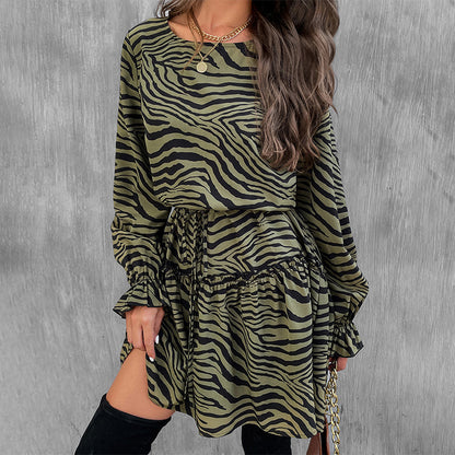 Round Neck Long Sleeve High Waist Zebra Print Ladies Mini Dress Wholesale Women Clothing