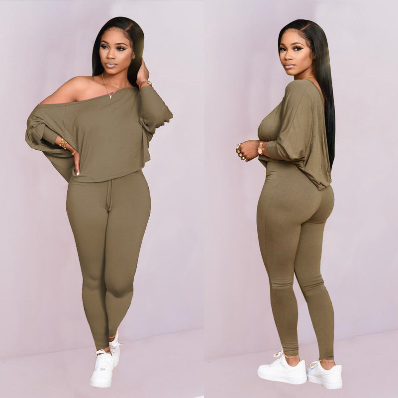 Sports Home Slanted Shoulder Long-Sleeved Leggings Two-Piece Suit Wholesale Women Clothing