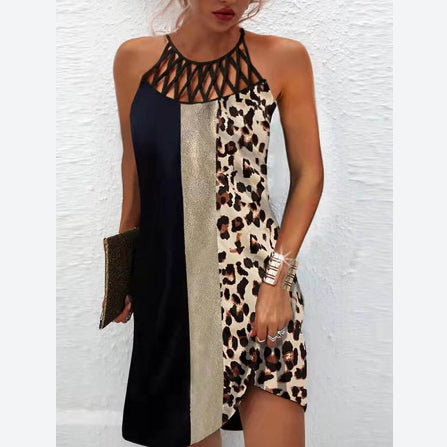 Print Halterneck Hollow Out Sleeveless Wholesale Swing Dresses Summer