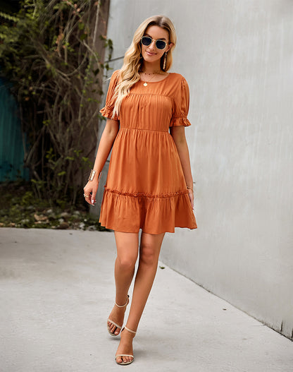 Solid Color Round Neck Puff Sleeve Loose Smocked Ruffled Dress Summer Casual Wholesale Dresses