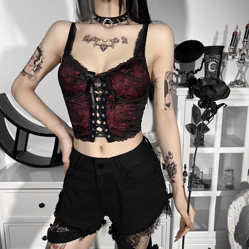 Dark Wind Punk Sling Off-Shoulder Lace Halter Straps Crop Tops Wholesale Women Tops