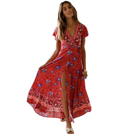 V Neck Short Sleeve Lace Up Boho Print Slit Wide Swing Maxi Dresses Casual Wholesale Bohemian Dress For Women SD531166