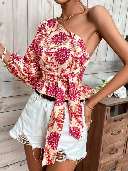 Mandala Print Balloon Sleeve Slanted Shoulder Ruffled Tie-Up Womens Shirts Fashion Wholesale Crop Tops