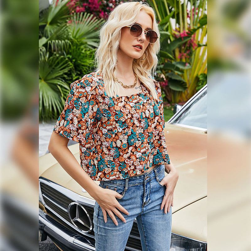 Printed Summer Short Sleeve Womens Loose Pullover Square Neck Casual Wholesale Crop Tops