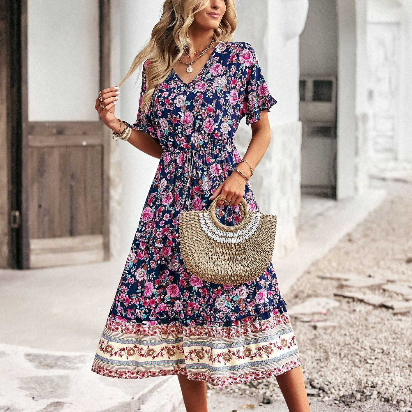 Boho Print Short Sleeve High Waist Bohemian Dress Wholesale Dresses