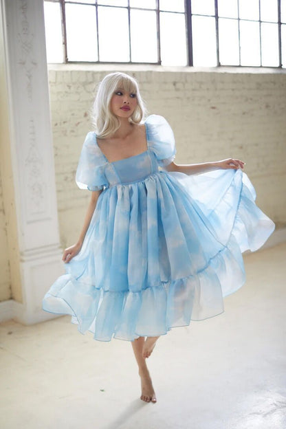 Gorgeous Tie-Dye Puff Sleeve Midi Princess Dress Puffy Skirt Organza Wholesale Dresses Vintage