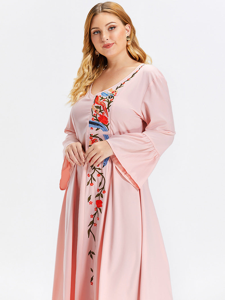 Plus Size Women Dress Plus Size Vendors Flared Sleeve Loose Long Embroidered Floral