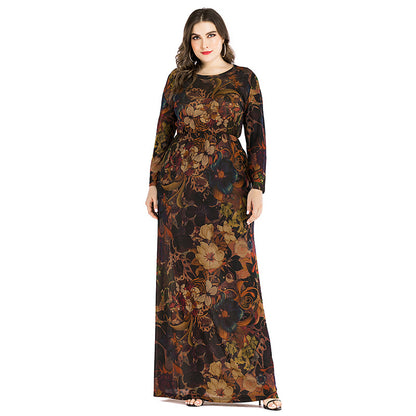 Wholesale Plus Size Women'S Clothing Long Sleeve Printed Round Neck Simple Long Swing Dress