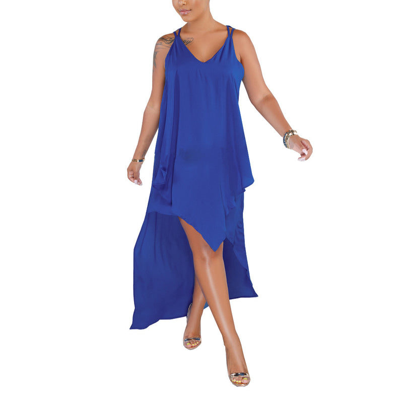 Solid Color Casaul Sling Dress Irregular Design Chiffon Trendy Wholesale Dresses
