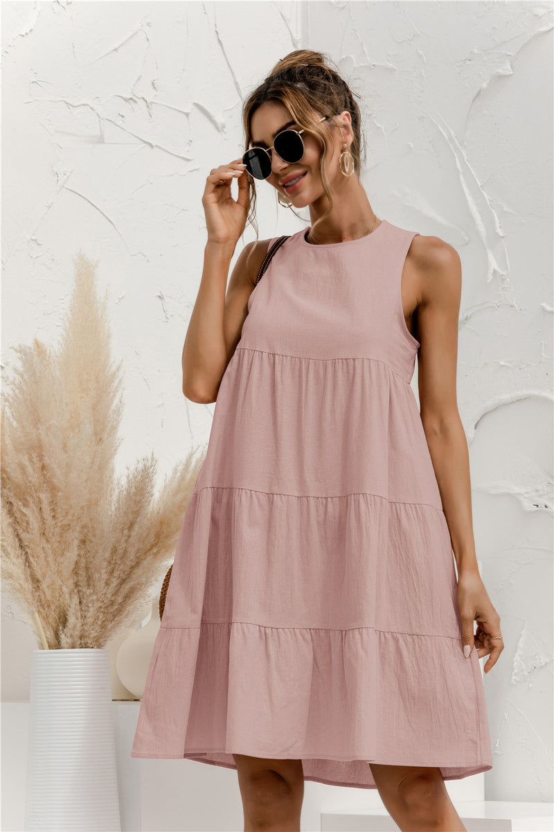 Solid Color Simple Round Neck Sleeveless Loose Swing Tank Dress Casual Wholesale Dresses