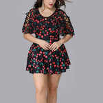 Crossover Translucent Sleeve Cherry Print Curve Swimsuits Fashion Plus Size Swimwear Wholesale Vendors