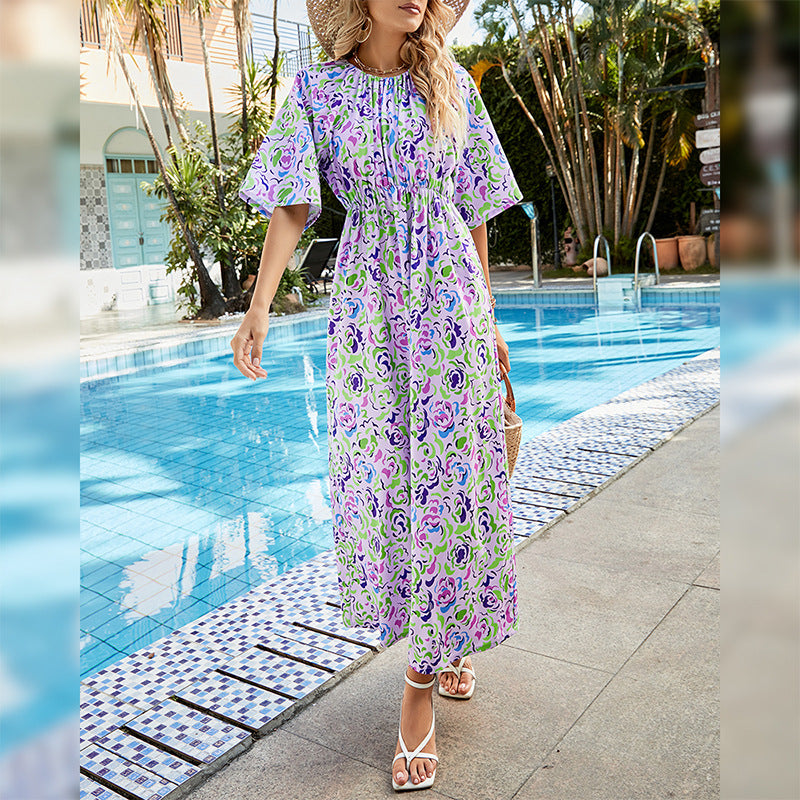 Casual Vacation Floral Swing Dresses Short Sleeve Wholesale Bohemian Dress For Women