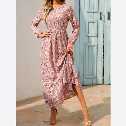 Fashion Print Chiffon High Waist Dress Casual Long Sleeve Round Neck A-Line Wholesale Dresses