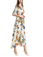 Printed Retro V-Neck Wide Hem Slit Design Vacation Dress Trendy Wholesale Maxi Dresses