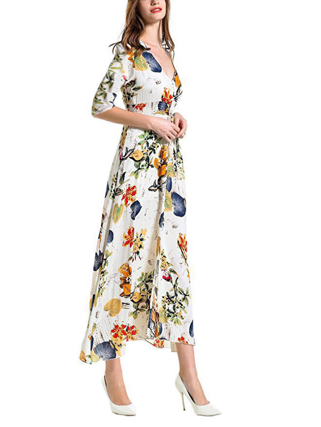 Printed Retro V-Neck Wide Hem Slit Design Vacation Dress Trendy Wholesale Maxi Dresses