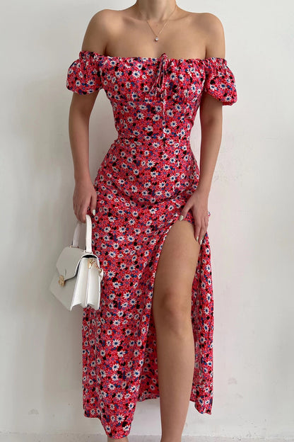 Sexy One Shoulder Short Sleeve Floral High Slit Dress Wholesale Dresses