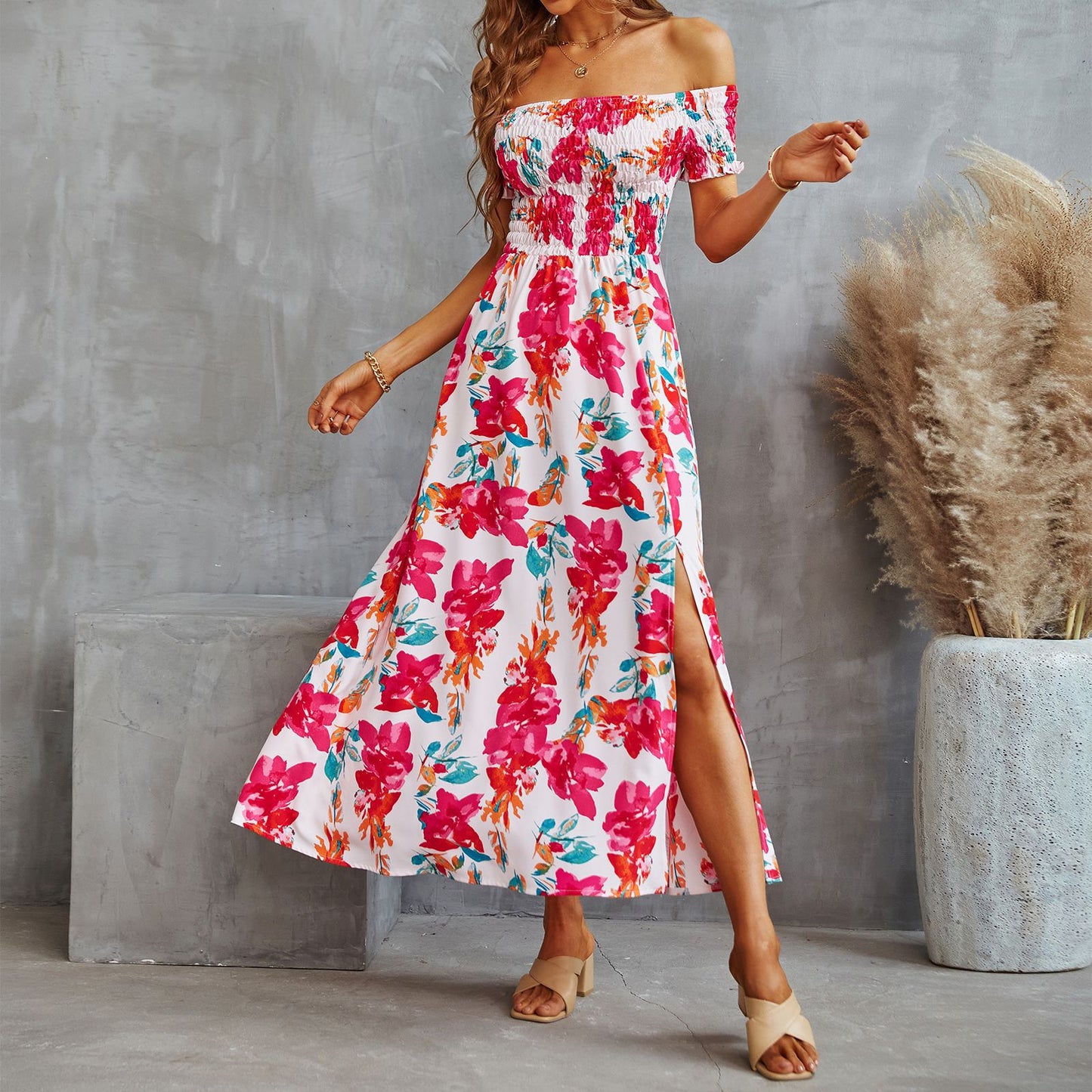 Floral Printed Elastic Wrap Chest Split High Waist Vacation Swing Dress Off Shoulder Wholesale Dresses