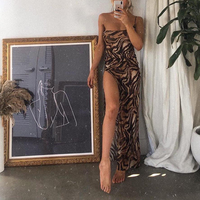 Slanted Shoulder Tiger Print Sling High Slit Tight Dress Sexy Wholesale Maxi Dresses