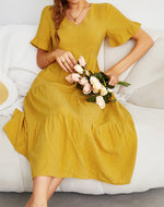 Fashion Loose V-Neck Swing Dress Solid Color Short Sleeve Wholesale Dresses