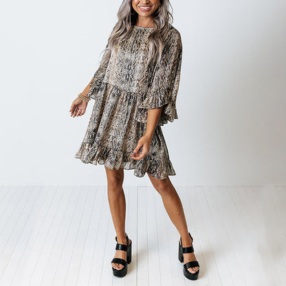 Snake Skin Print Ruffle Sleeve Wholesale Midi Dresses